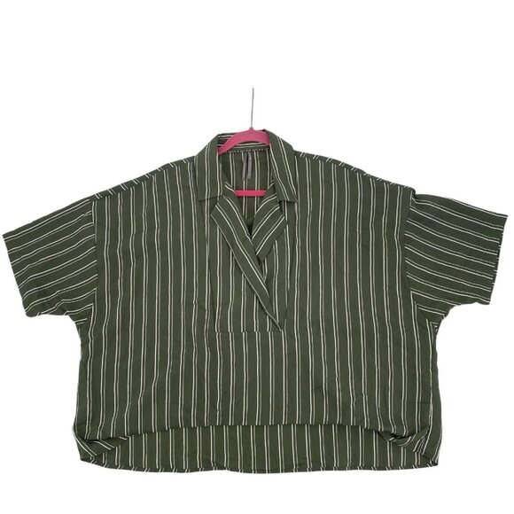 By Anthropologie Size Small Green Dylon Short Sleeve Wide Placket Stripe Blouse - Picture 3 of 9